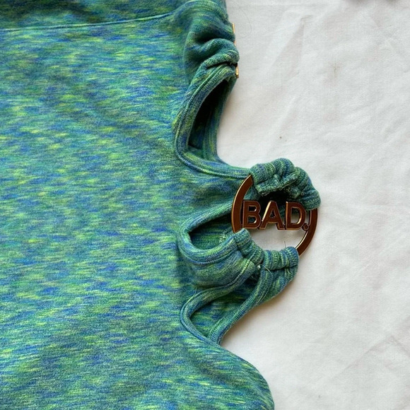 Blue and Green heather tube top strapless top with gold hardware “bad” charm - Picture 2 of 2